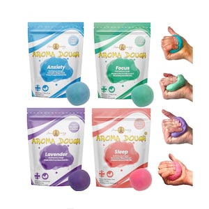 May include: Four pouches of aromatherapy dough, each with a different scent and colour. The scents are Anxiety, Focus, Lavender, and Sleep. Each pouch has a small ball of dough in the same colour as the pouch.