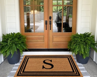 Monogrammed Coir Border Door Mat,Monogram Border Personalized Doormat,Personalized Doormat,Black Border doormat,Flocked Personalized Doormat