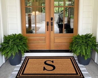 Monogrammed Coir Border Door Mat,Monogram Border Personalized Doormat,Personalized Doormat,Black Border doormat,Flocked Personalized Doormat