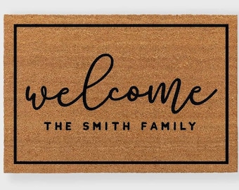 Welcome Doormat,Welcome script Doormat,Last Name doormat,Personalized Doormat,Custom Doormat,Housewarming Gift ,Wedding Gift , Coir Doormat