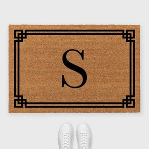 Monogrammed Coir Border Door Mat,Monogram Border Personalized Doormat,Personalized Doormat,Black Border doormat,Greek Key Custom Doormat