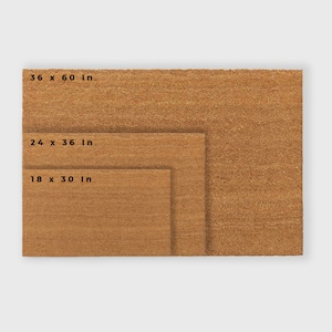 May include: Three rectangular doormats of different sizes are shown. The largest mat is 91 x 152 cm, the middle one is 61 x 91 cm, and the smallest is 46 x 76 cm. All mats are brown and have a textured surface, suitable for a doorway.