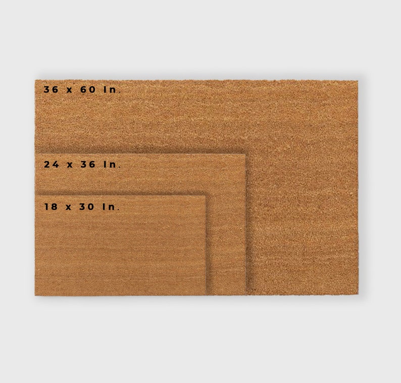 May include: Three rectangular doormats of different sizes are shown. The largest mat is 91 x 152 cm, the middle one is 61 x 91 cm, and the smallest is 46 x 76 cm. All mats are brown and have a textured surface, suitable for a doorway.