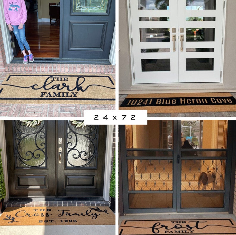 May include: Four different doormats with black text on a brown background. The doormats feature the text "The Clark Family", "10241 Blue Heron Cove", "The Cross Family Est. 1998", and "The Frost Family".