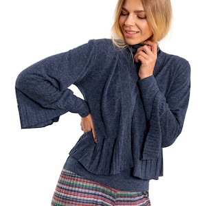 Blue bell sleeve cardigan, Cropped length knit cardigan, Autumn knit pleated cardigan, Short blue knit cardigan, Fall casual cardigan