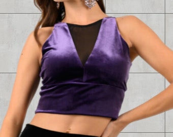Velvet crop top with black mesh V neck, Bodycon sleeveless velvet crop top, Stretch fitted velvet crop top, Front to back velvet crop top