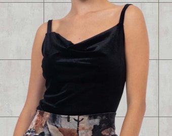 Spaghetti strap velvet top, Bodycon velvet top with draped neck, Stretch fitted velvet top, Classic sleeveless velvet top, Round back top
