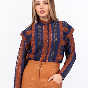 Feminine blue lace blouse, Earth tone lace shirt, Shoulder pad lace shirt, Front button pleated shirt, Elegant full lace blouse