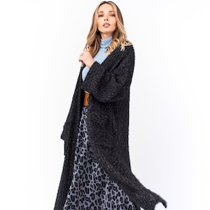 Plus size maxi cardigan, Side high slit cardigan, Black woolen long cardigan, Warm casual winter cardigan, Comfortable long cardigan