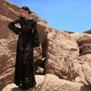 black lace bell sleeve dress Dress, Maxi Black With Sleeves, Black Sheer Lace Gown, Long Macrame Lace Dress, Summer Loose Greek Dress Retro 60s Pattern 1960s For Love & Lemons Cecelia Dress Care Instructions Machine wash Size:child-3