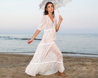 Summer lace kaftan dress, White resort flowy dress, White beach maxi dress,  Loose lace bohemian wedding dress, Ethereal lace dress