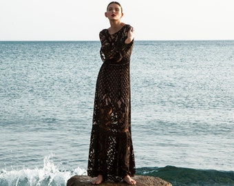 Lace Maxi Long Black Beach Dress Black Boho Lace Tulle Maxi Dress
