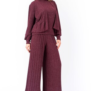 Wine red knitted capri pants, Loose bell leg pants, Loungewear comfortable knit pants, Women knit co ords set, Elastic waist pleated pants image 5