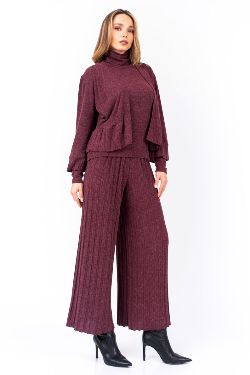 Wine red knitted capri pants, Loose bell leg pants, Loungewear comfortable knit pants, Women knit co ords set, Elastic waist pleated pants image 5