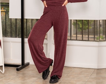 Wine red trousers, Knitted winter pants, Loose long leg pants, Comfortable casual pants, Loungewear knit pants, Everyday office knit pants