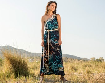 Grecian silhouette maxi dress, Ancient Greece aesthetic dress, Blue tropical leaf printed dress, Boho chic off the shoulder long dress
