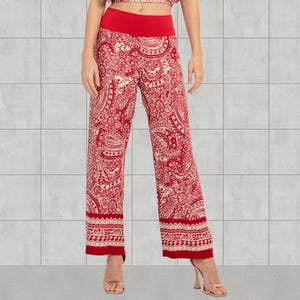 Red mandala and paisley print pants, Straight fit cropped pants, Elastic waist women&#39;s pants, Comfortable wide leg summer pants