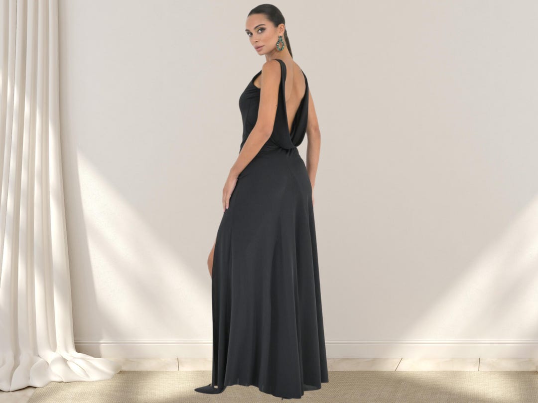 Long Black Dress with Low Draped Back, Maxi Dress with Low Open Back, Floor Dress with Left High Slit, Gown with Center Back Panels