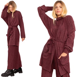 Xotiko Asymmetric Boho Sleeveless Cardigan Wine Red