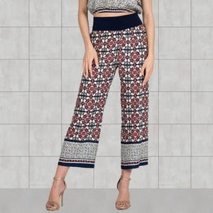 Blue and red tile print cropped pants, Colorful straight fit crop pants, Elastic waist women&#39;s pants, Comfortable wide leg summer pants