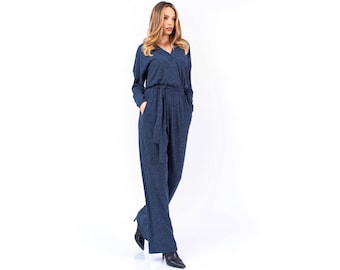 Wrap knitted women jumpsuit, Warm comfortable jumpsuit, Feminine loose jumpsuit, Wide leg women jumpsuit, Everyday high waist jumpsuit