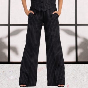 Black pinstriped print pants, Feminine masculine suit trousers, Women's tailored tapered trousers, Baggy wide leg pants for ladies