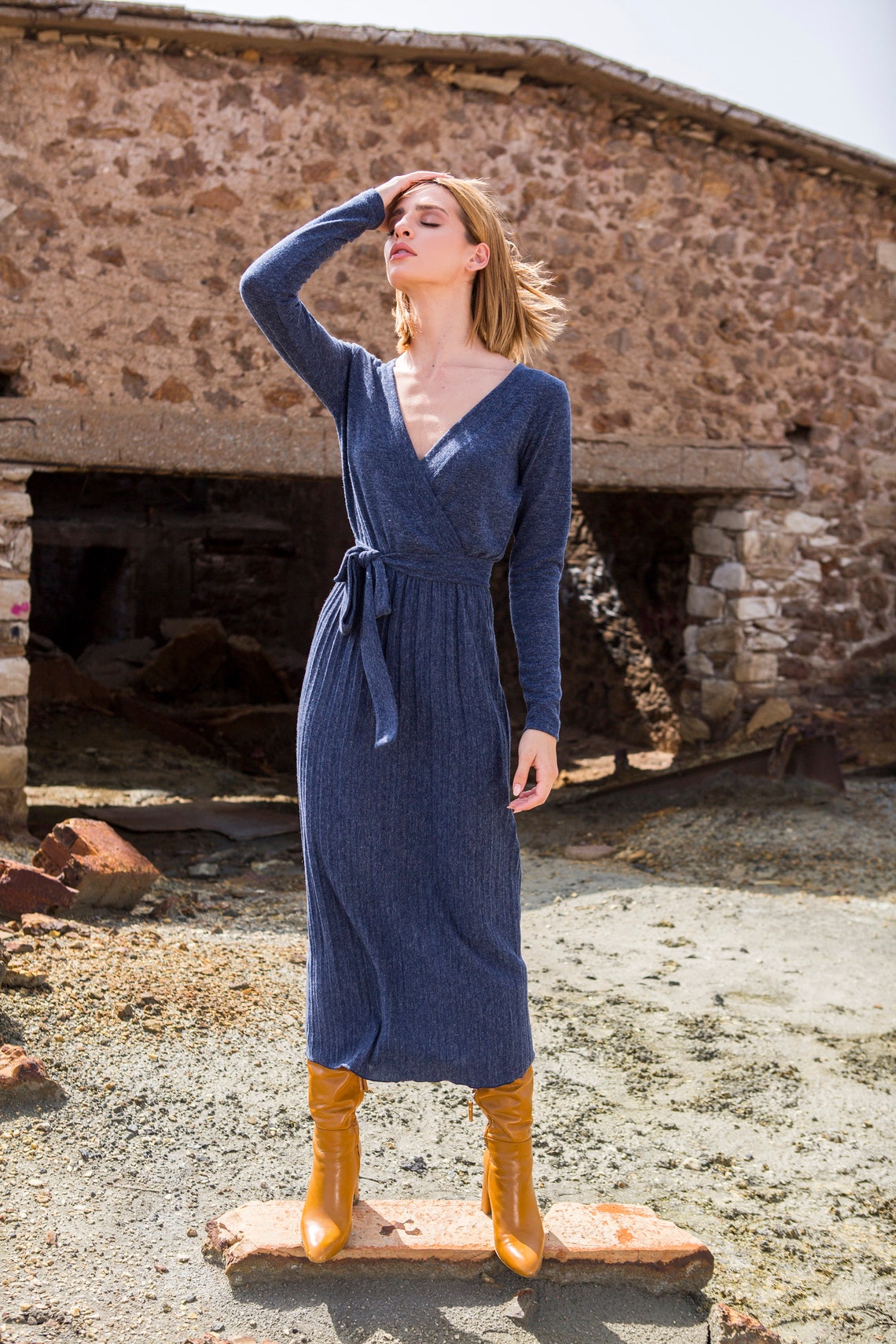 Blue Knit Wrap Dress Blue Winter Midi Dress Casual Knitted Etsy