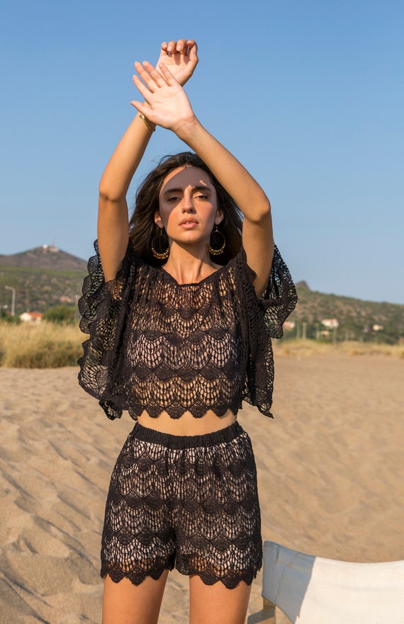 Black Lace Summer Beach Top, Black Short See Through Top, Aesthetic Lace  Crop Top, Cocktail Party Lace Top, Boho Wedding Guest Crop Top 