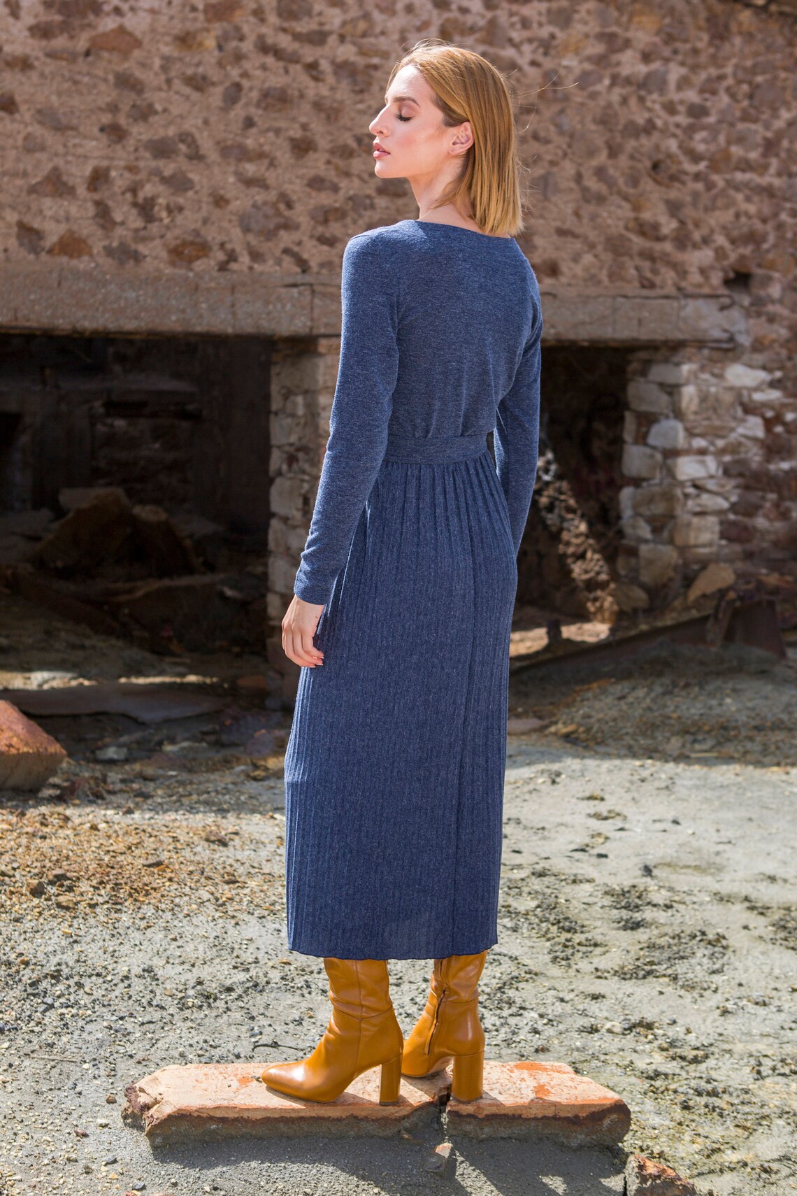 Blue Knit Wrap Dress Blue Winter Midi Dress Casual Knitted Etsy