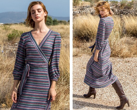 Ribbed Knit Wrap Dress Colorful Striped ...