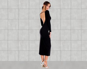 Bodycon low open back dress, Backless pencil midi dress with long sleeves, Feminine back slit midi dress, Day to night fitted midi dress