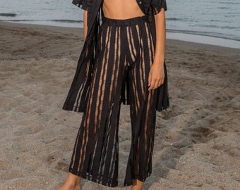 Pantalones negros transparentes, Pantalones de verano transparentes, Pantalones de malla para cubrir, Pantalones anchos transparentes, Pantalones de playa de rayas negras, Pantalones con cintura elástica