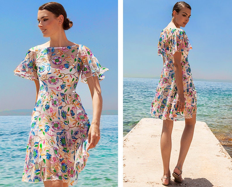 Flower Embroidered Mesh Dress, Colorful See Through Dress Flower Embroidered Mesh Dress, Colorful See Through Dress