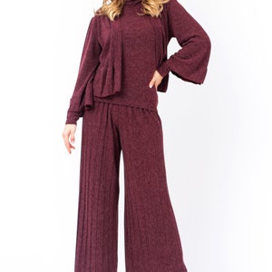 Wine red knitted capri pants, Loose bell leg pants, Loungewear comfortable knit pants, Women knit co ords set, Elastic waist pleated pants image 4