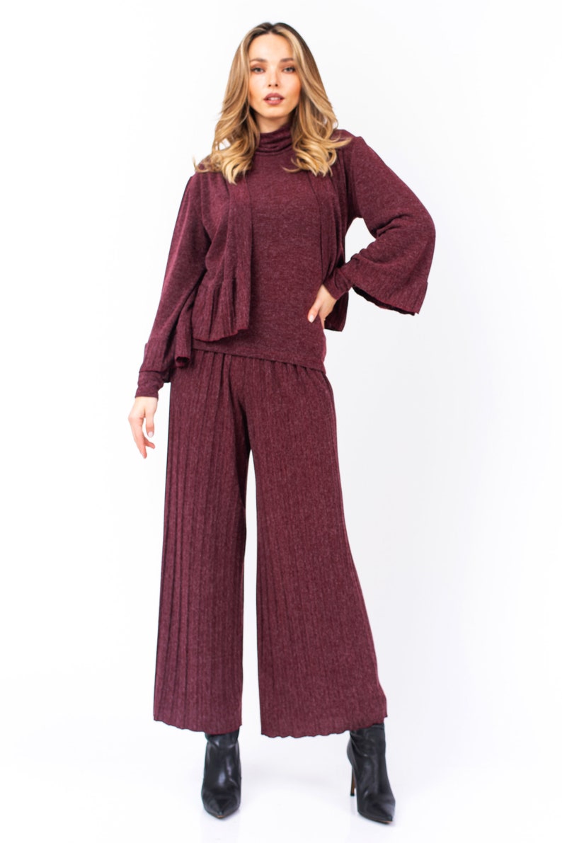Wine red knitted capri pants, Loose bell leg pants, Loungewear comfortable knit pants, Women knit co ords set, Elastic waist pleated pants image 4