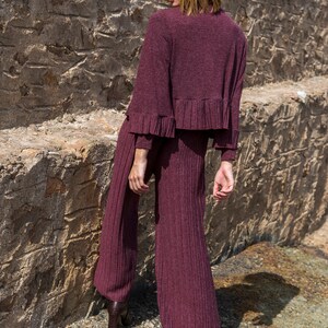 Wine red knitted capri pants, Loose bell leg pants, Loungewear comfortable knit pants, Women knit co ords set, Elastic waist pleated pants image 3