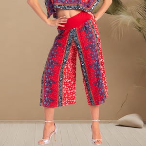 Bright red ethnic print pants, Summer wrap cropped culottes, Colorful mixed print stretch waist pants, Comfortable wide leg summer pants