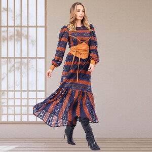 Long sleeve lace dress, Long winter lace dress, Blue and tobacco lace dress, Ankle length ruffled hem dress Elegant A-line lace dress
