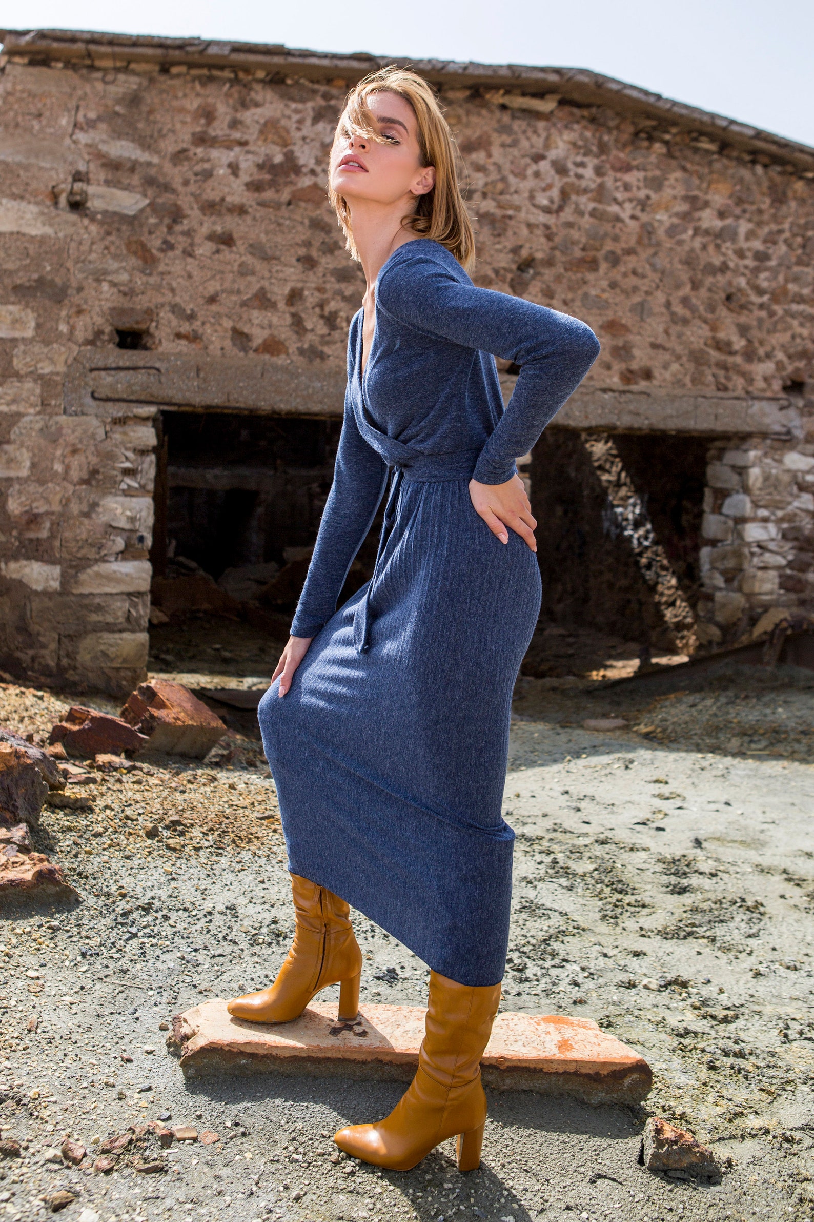 Blue Knit Wrap Dress Blue Winter Midi Dress Casual Knitted Etsy