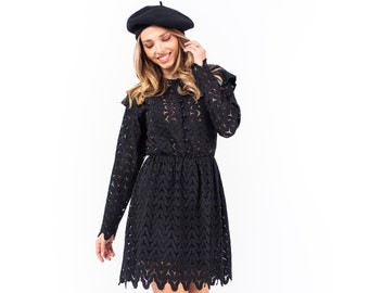 Black lace mini dress, Scalloped edge lace dress, Lace shirtdress with buttons, Romantic shoulder pad dress, Parisian aesthetic lace dress