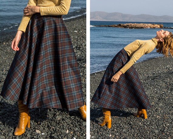 Long Midi Plaid Skirt 50s Aesthetic 