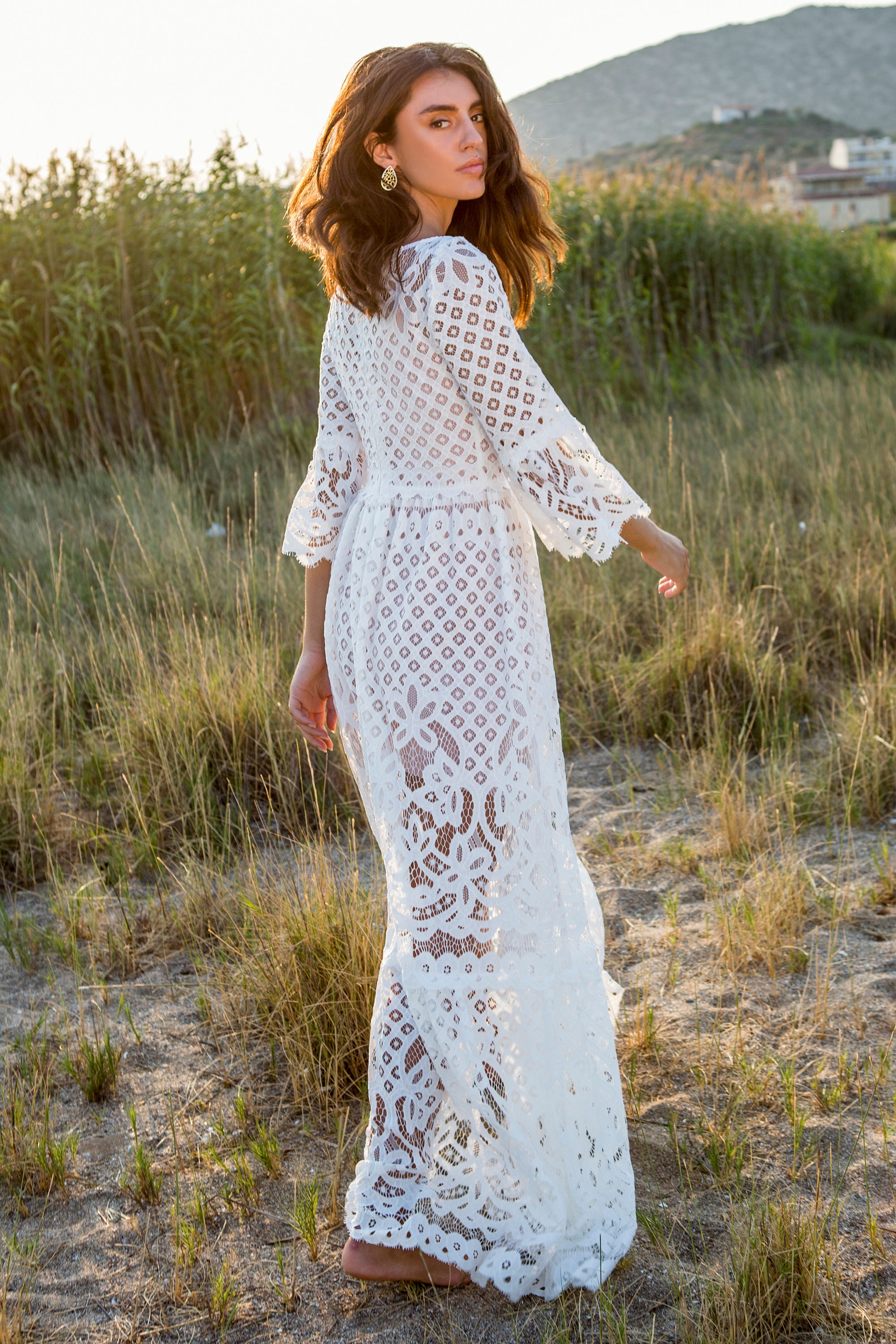 White lace maxi dress Grecian lace dress Boho beach wedding | Etsy