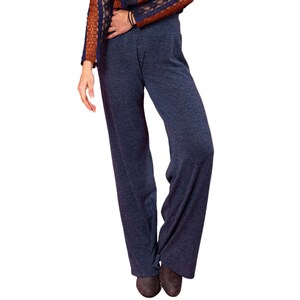 Lounge blue women pants, Blue knit long trousers, Casual elastic waist pants, Everyday wide leg pants, High waist straight loose pants