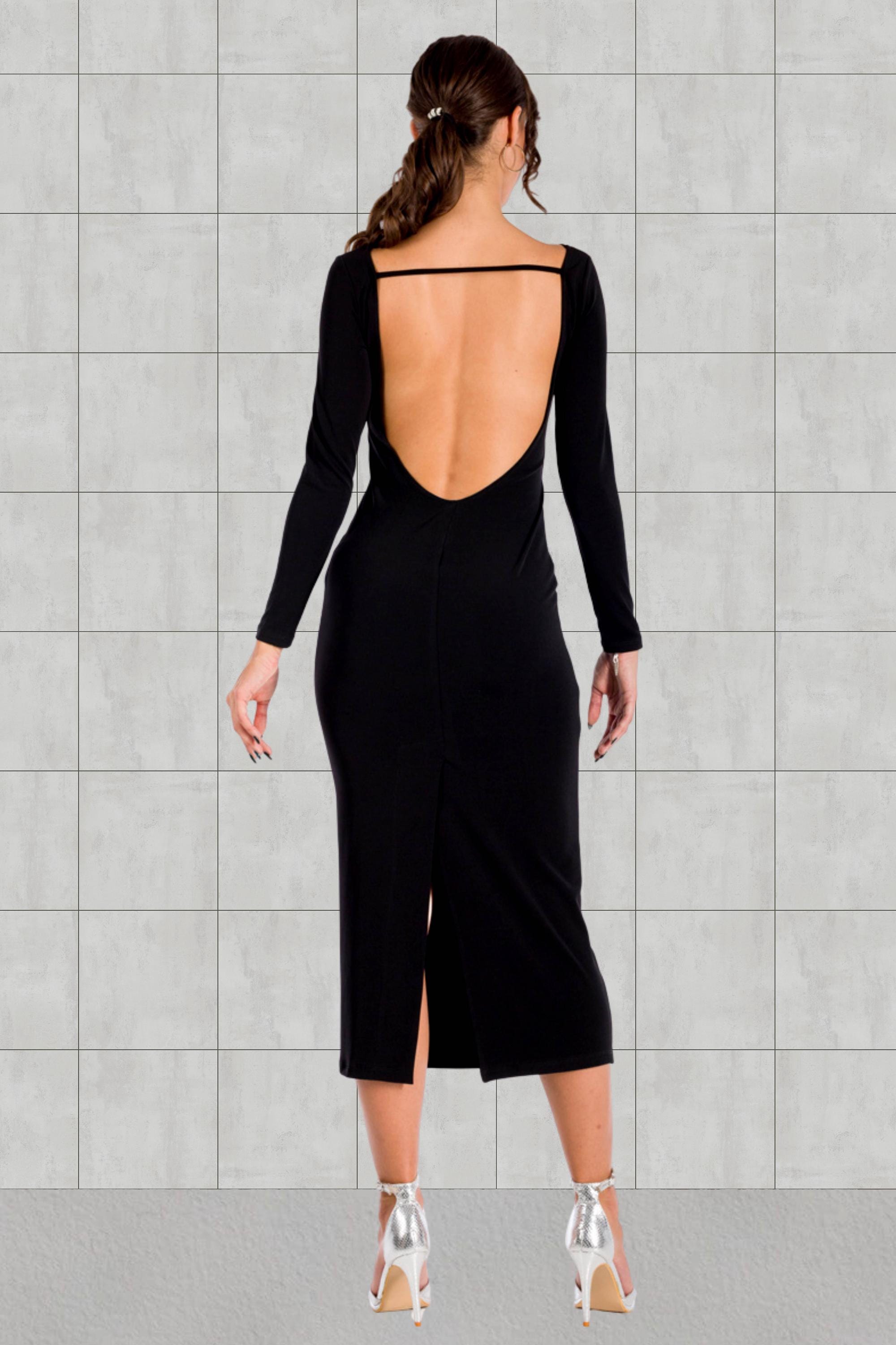 Bodycon low open back dress, Backless pencil midi dress with long sleeves, Feminine back slit midi dress, Day to night fitted midi dress