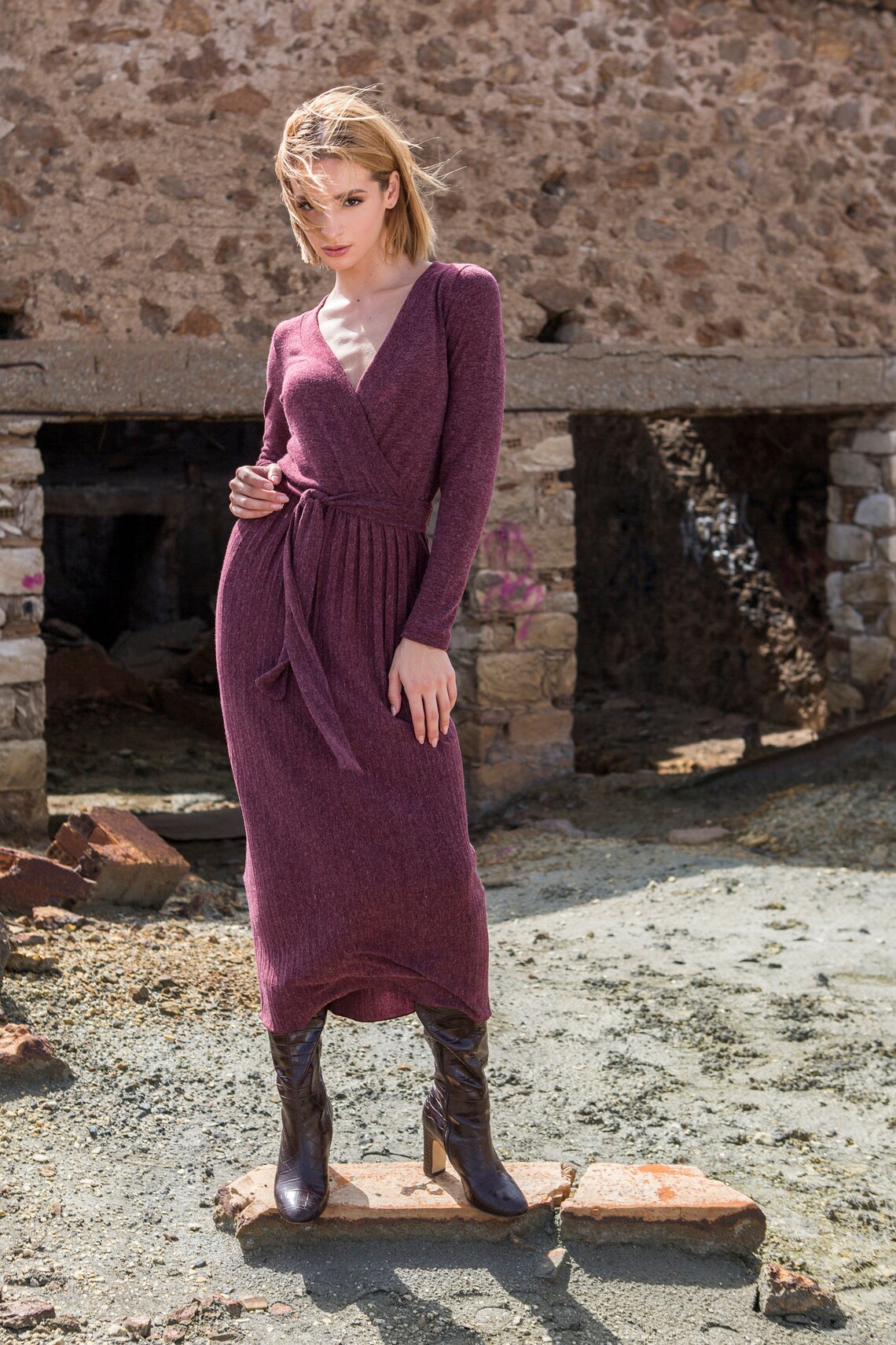 Blue Knit Wrap Dress Blue Winter Midi Dress Casual Knitted Etsy