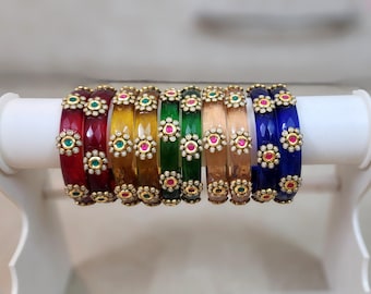 Gorgeous glass bangles/ glass bangles with Kundan work/ set of 5 pairs