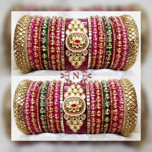 Heavy marwari rajputi chura. Indian wedding bridal chura in multi colour with kundan work.  Punjabi and rajputi look. Pink/red/green chura