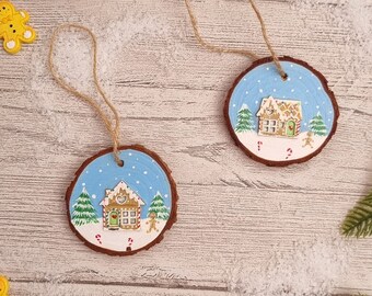 Gingerbread House Christmas Log Slice Hanging Decoration - Christmas Wood Slice - Christmas Gingerbread House Wood Slice Decoration