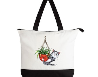 Cat Design Tote Bag / Reuseable Tote Shopper / Two Tone Cat Design Tote Bag / Large Tote Bag / Zipped Tote Bag / Canvas Tote Bag