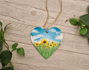 Sunflower Field Wooden Heart - Sunflowers Wooden Heart - Flower Themed Wooden Heart